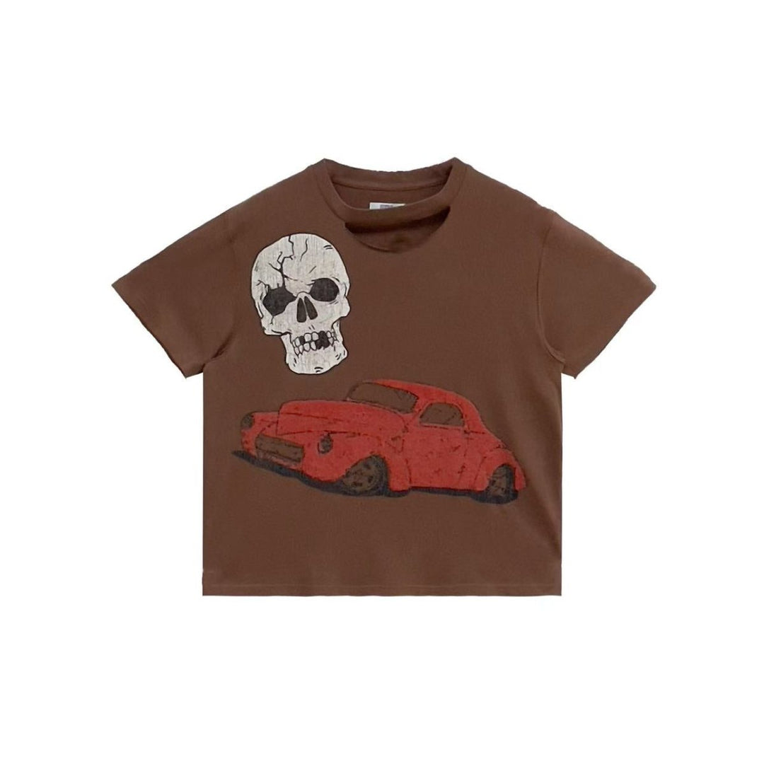 ERL Ripped Collar Skull Red Car Short Sleeve T-Shirt Tee - SHENGLI ROAD MARKET
