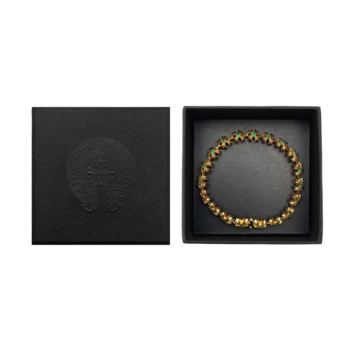 Chrome Hearts 22K Gold Tiny Plus Cross Emerald ID Bracelet