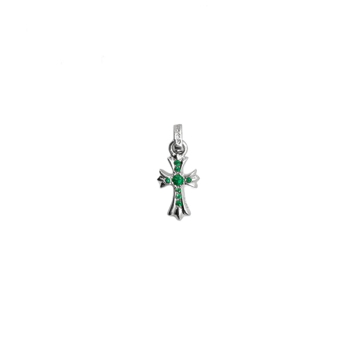 Chrome Hearts 18K White Gold Emerald Babyfat Cross Charm Pendant