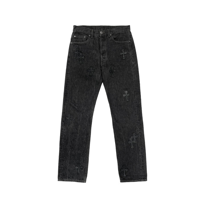 Chrome Hearts Levi's 501 Black Leather Cross Patch Jeans