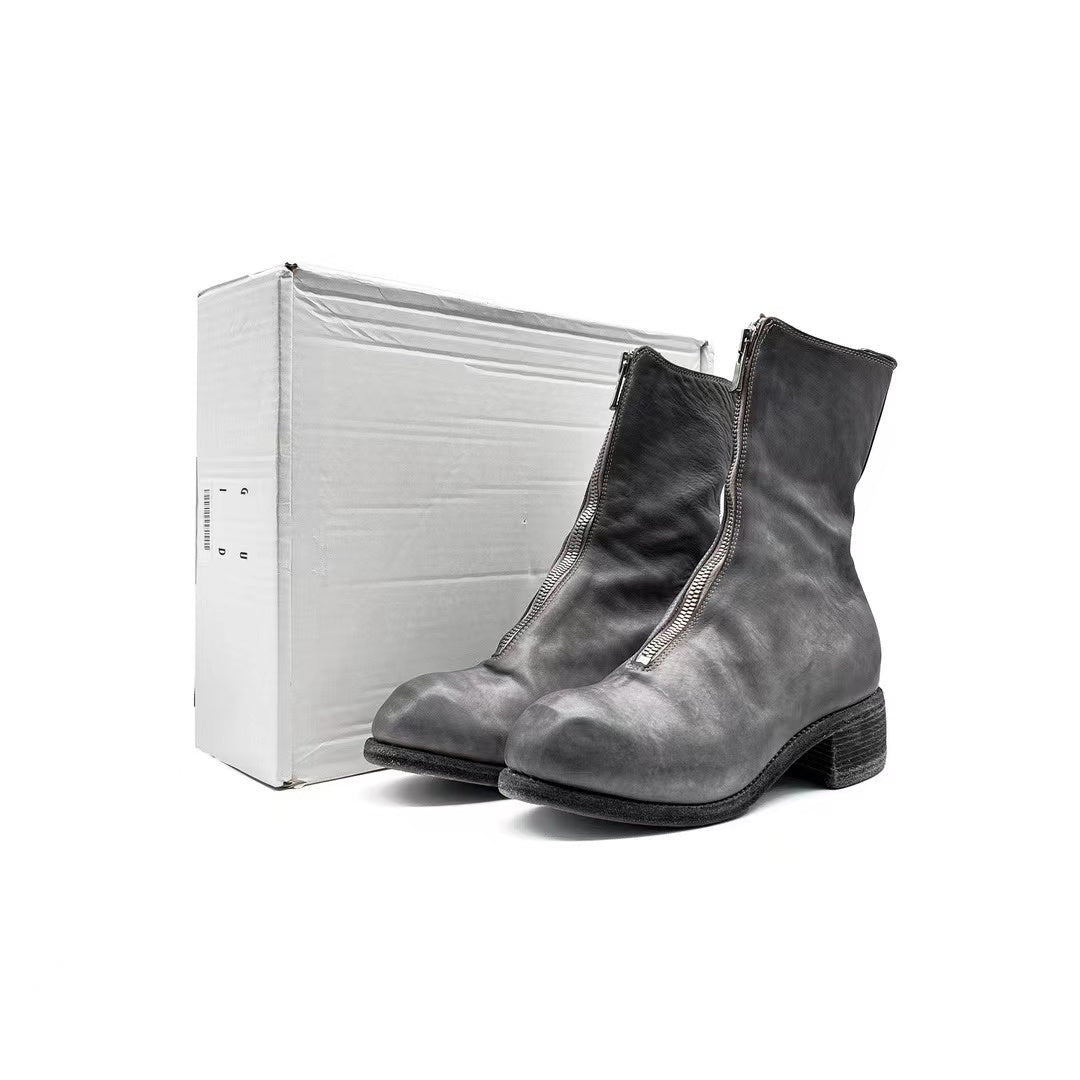 GUIDI PL2 グレー ホース フルグレイン フロント ジップ レザー ブーツ