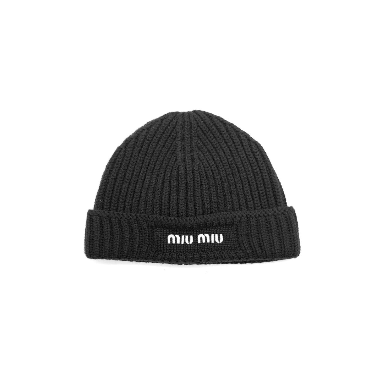 Miu Miu Cashmere Embroidered Black Beanie - SHENGLI ROAD MARKET