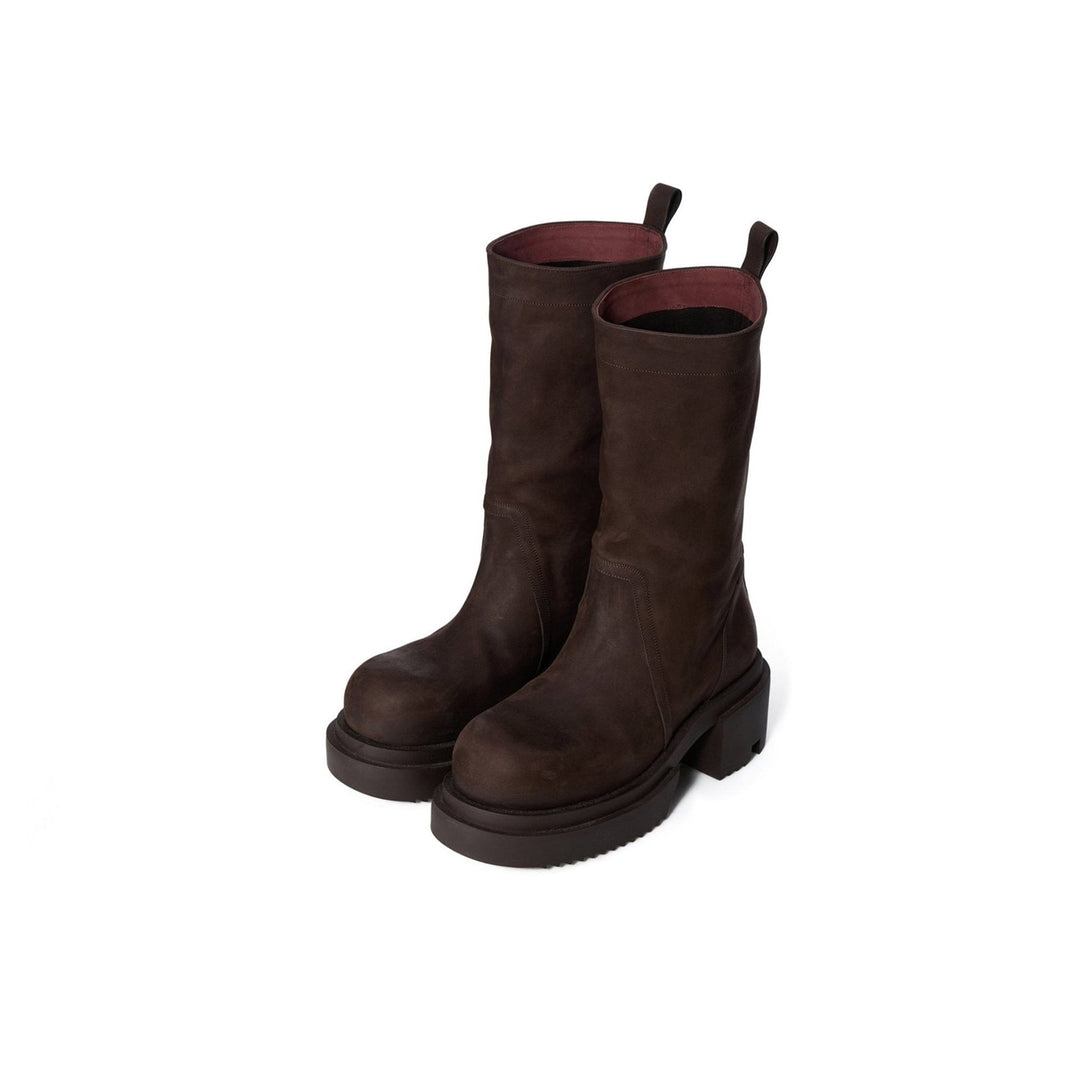 RICK OWENS Calf Pull On Bogun Brown Leather Boots - SHENGLI ROAD MARKET