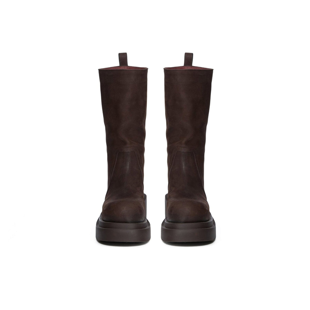 RICK OWENS Calf Pull On Bogun Brown Leather Boots - SHENGLI ROAD MARKET