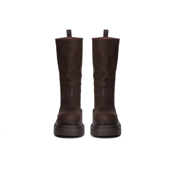 RICK OWENS Calf Pull On Bogun Brown Leather Boots - SHENGLI ROAD MARKET