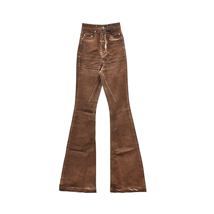 RICK OWENS DRKSHDW SS24 Lido Bolan Bootcut In Henna Brown Overdyed Foil Stretch Denim - SHENGLI ROAD MARKET