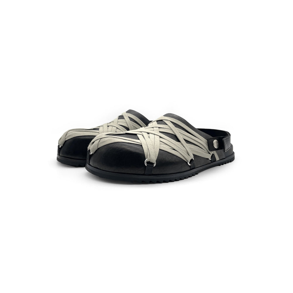 RICK OWENS Megalace Mule Granola Black Leather Sandals - SHENGLI ROAD MARKET