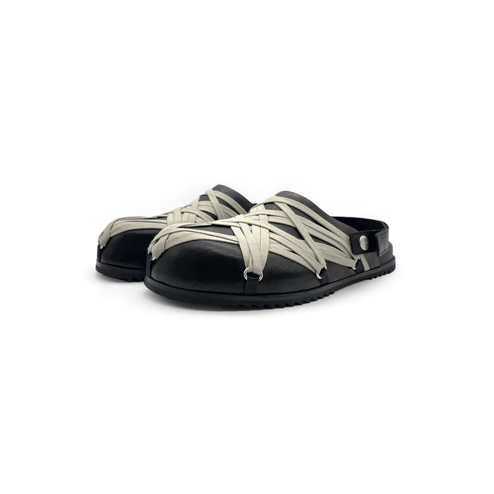 RICK OWENS Megalace Mule Granola Black Leather Sandals - SHENGLI ROAD MARKET