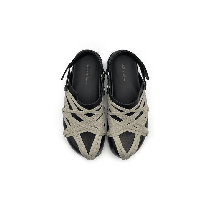 RICK OWENS Megalace Mule Granola Black Leather Sandals - SHENGLI ROAD MARKET