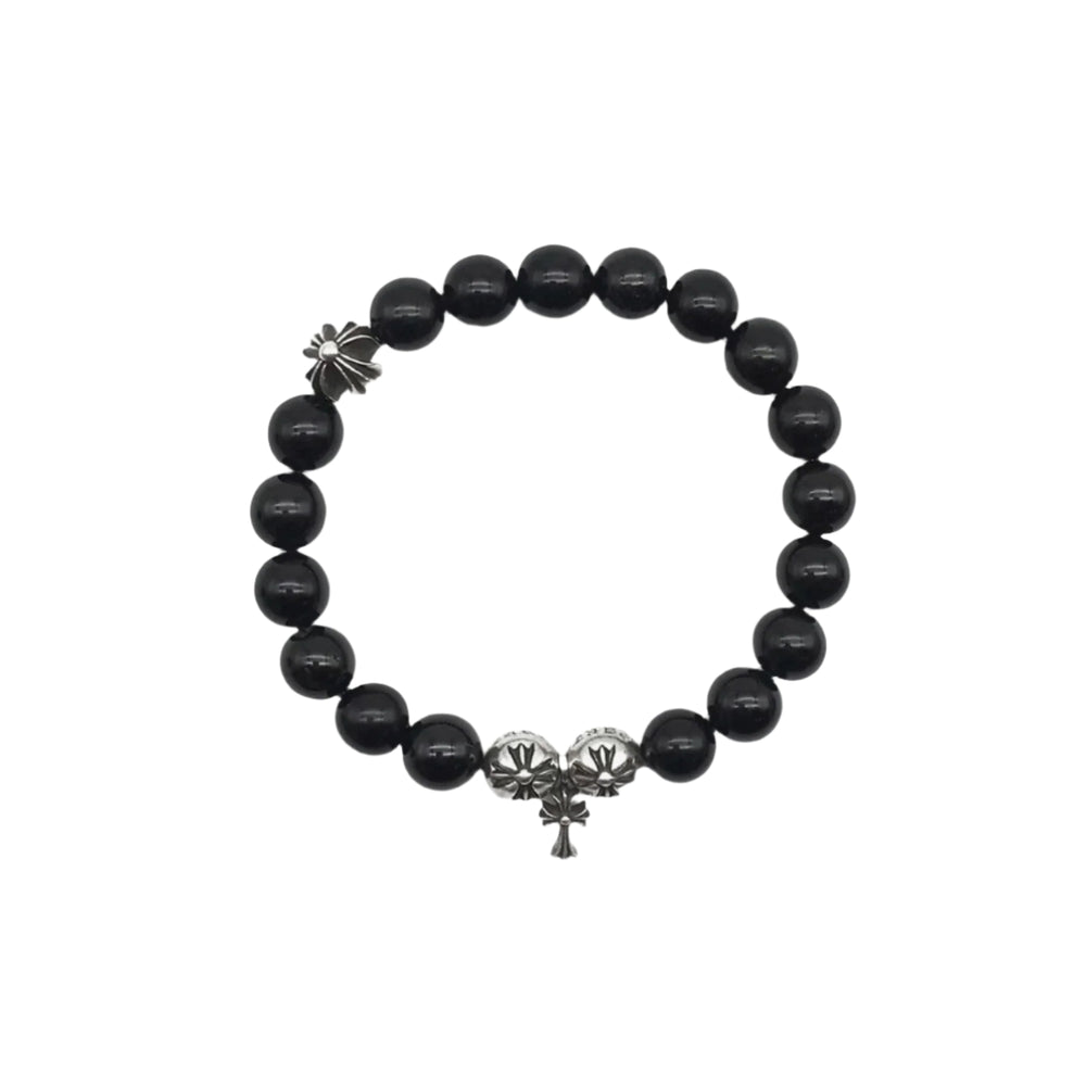 Chrome Hearts 10mm Obsidian Silver Cross Bracelet - SHENGLI ROAD MARKET