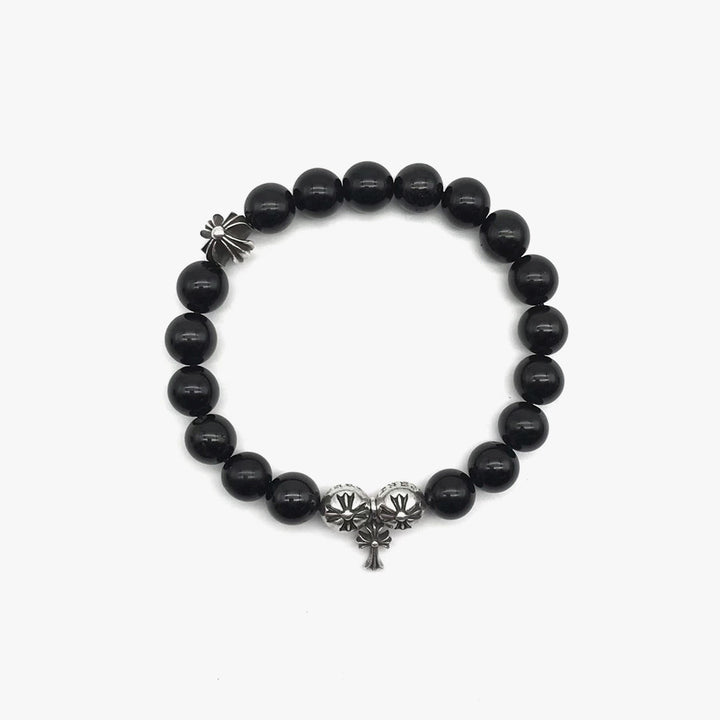 Chrome Hearts 10mm Obsidian Silver Cross Bracelet - SHENGLI ROAD MARKET