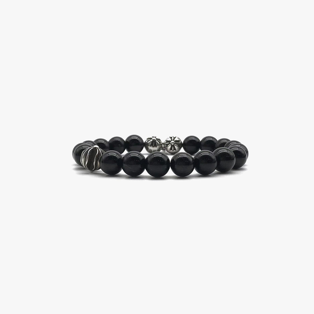 Chrome Hearts 10mm Obsidian Silver Cross Bracelet - SHENGLI ROAD MARKET