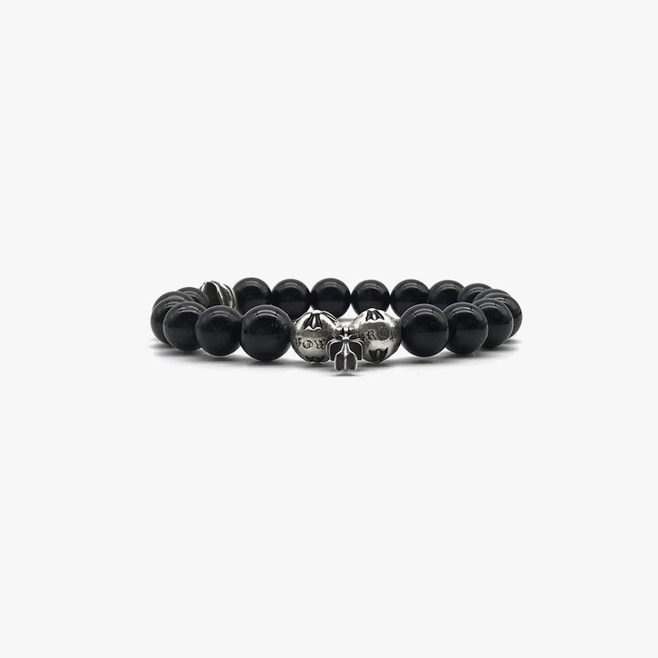 Chrome Hearts 10mm Obsidian Silver Cross Bracelet - SHENGLI ROAD MARKET