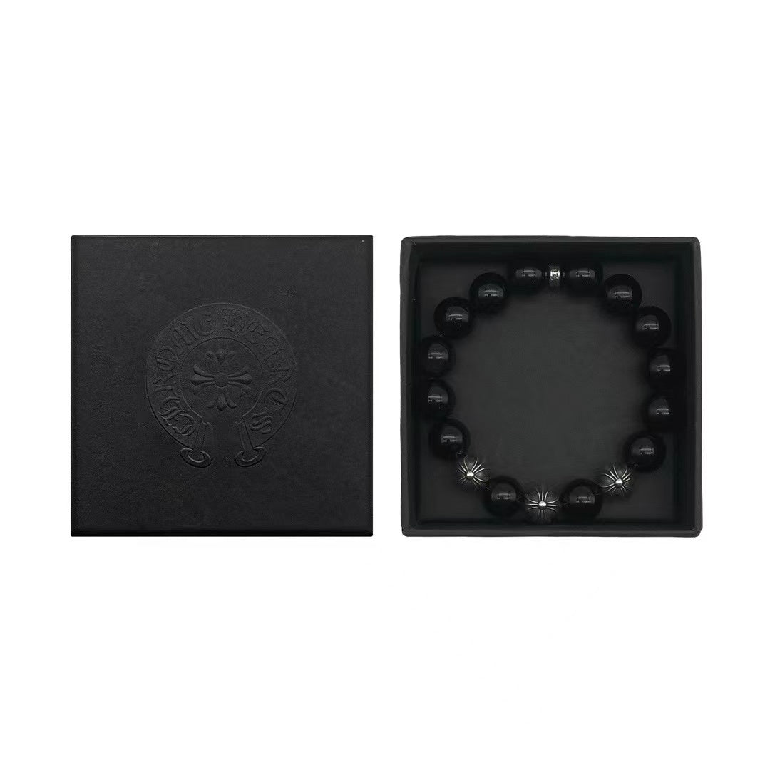 Chrome Hearts 12mm Beaded Obsidian Silver Bracelet - SHENGLI ROAD MARKET