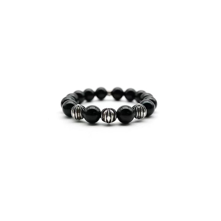 Chrome Hearts 12mm Beaded Obsidian Silver Bracelet - SHENGLI ROAD MARKET