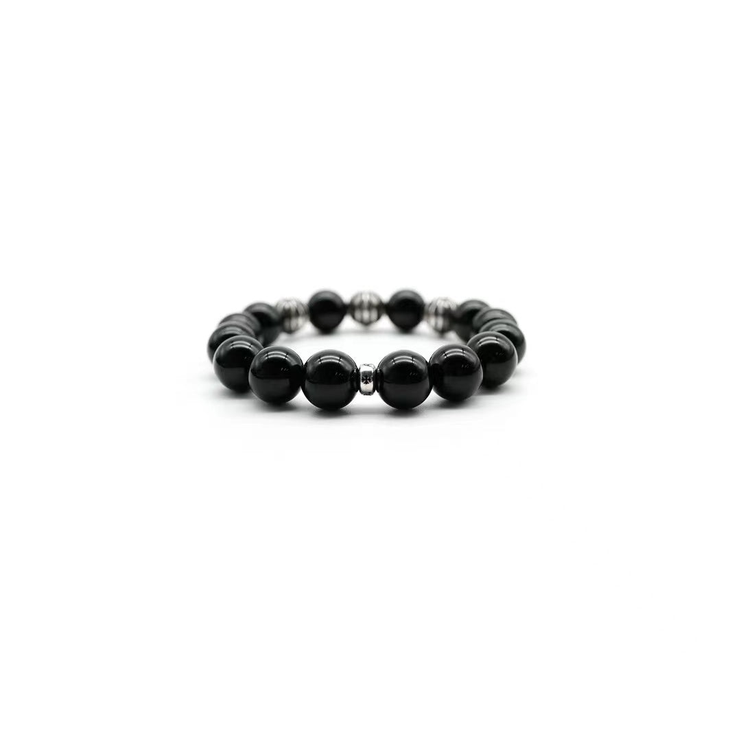 Chrome Hearts 12mm Beaded Obsidian Silver Bracelet - SHENGLI ROAD MARKET