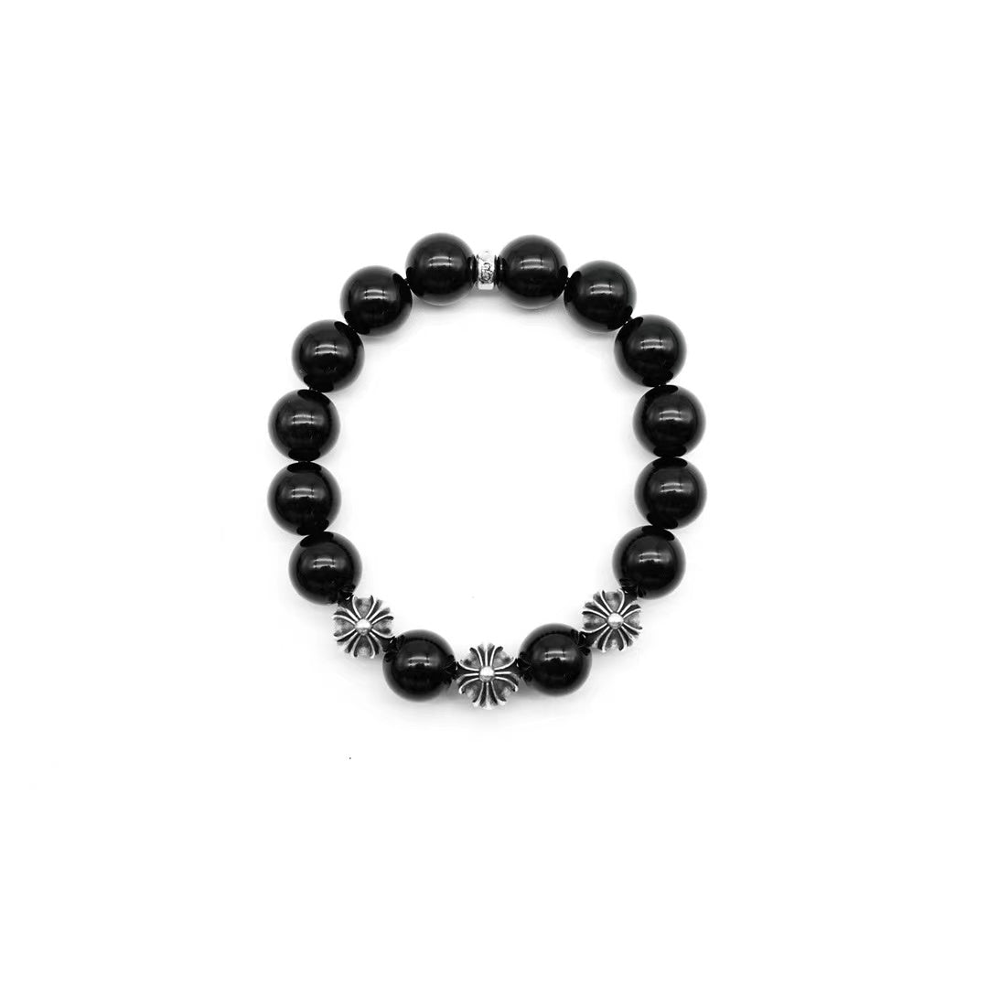 Chrome Hearts 12mm Beaded Obsidian Silver Bracelet - SHENGLI ROAD MARKET