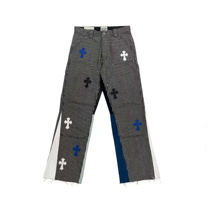 Chrome Hearts 1of1 Striped Two Knee Black White And Blue Cross Patch Carpenter Pants - SHENGLI ROAD MARKET