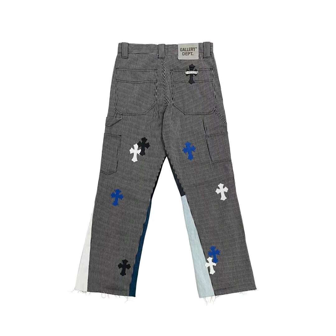 Chrome Hearts 1of1 Striped Two Knee Black White And Blue Cross Patch Carpenter Pants - SHENGLI ROAD MARKET