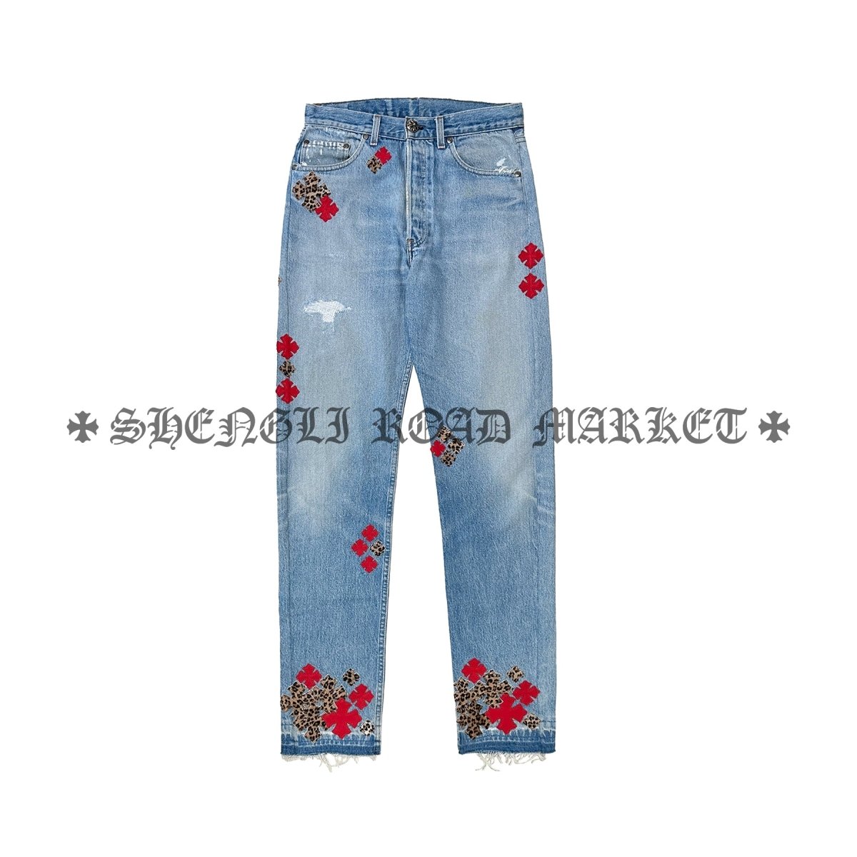Chrome Hearts 1of1 Suede Red & Leopard Cross Patch Jeans - SHENGLI ROAD MARKET