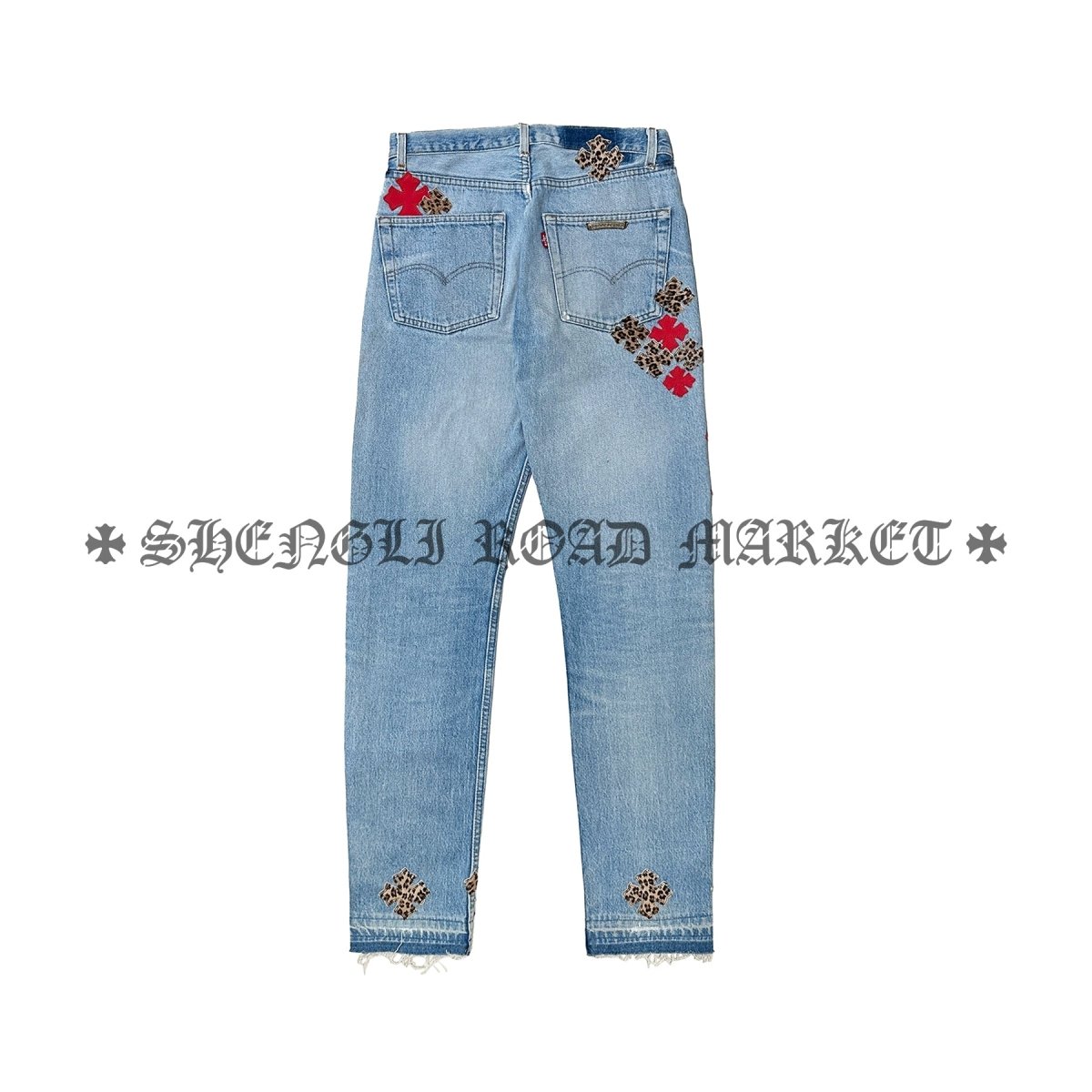 Chrome Hearts 1of1 Suede Red & Leopard Cross Patch Jeans - SHENGLI ROAD MARKET