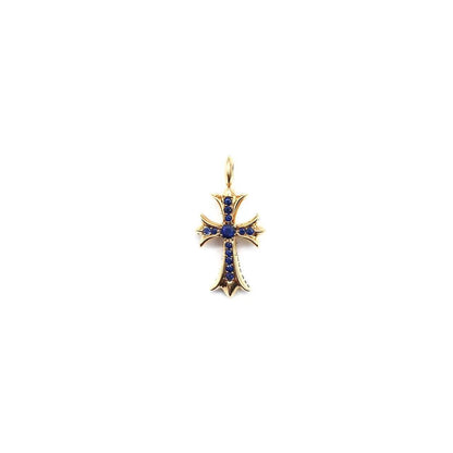 Chrome Hearts 22K Gold With Blue Diamonds Tiny Cross Pendant - SHENGLI ROAD MARKET