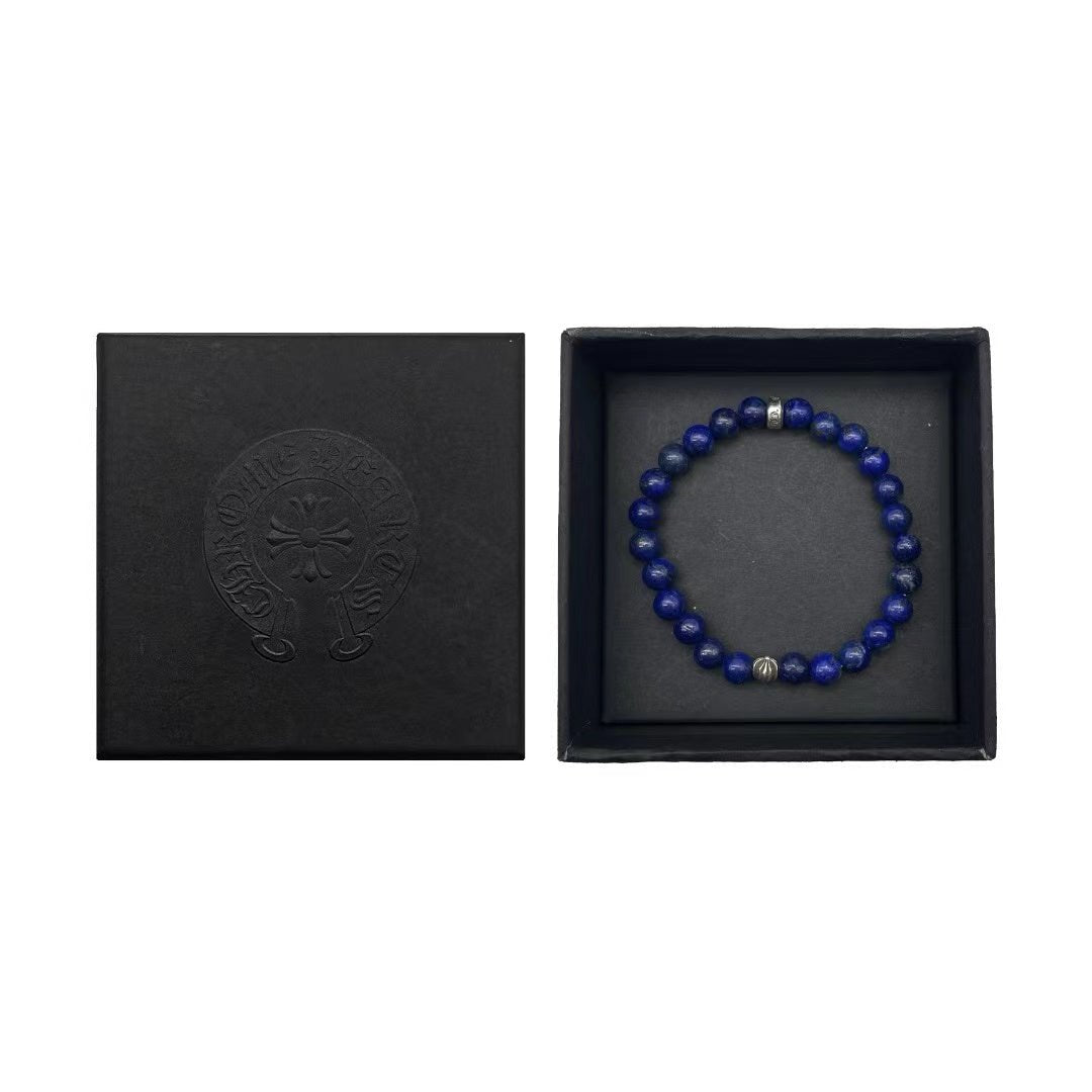 Chrome Hearts 6mm Beaded Lapis Lazuli Silver Cross Bracelet - SHENGLI ROAD MARKET