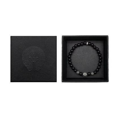 Chrome Hearts 6mm Beaded Obsidian Silver Cross Bracelet - SHENGLI ROAD MARKET