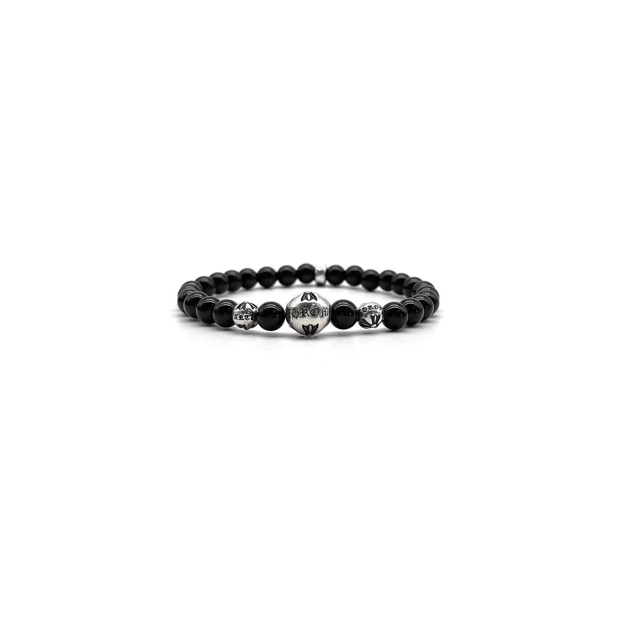 Chrome Hearts 6mm Beaded Obsidian Silver Cross Bracelet - SHENGLI ROAD MARKET