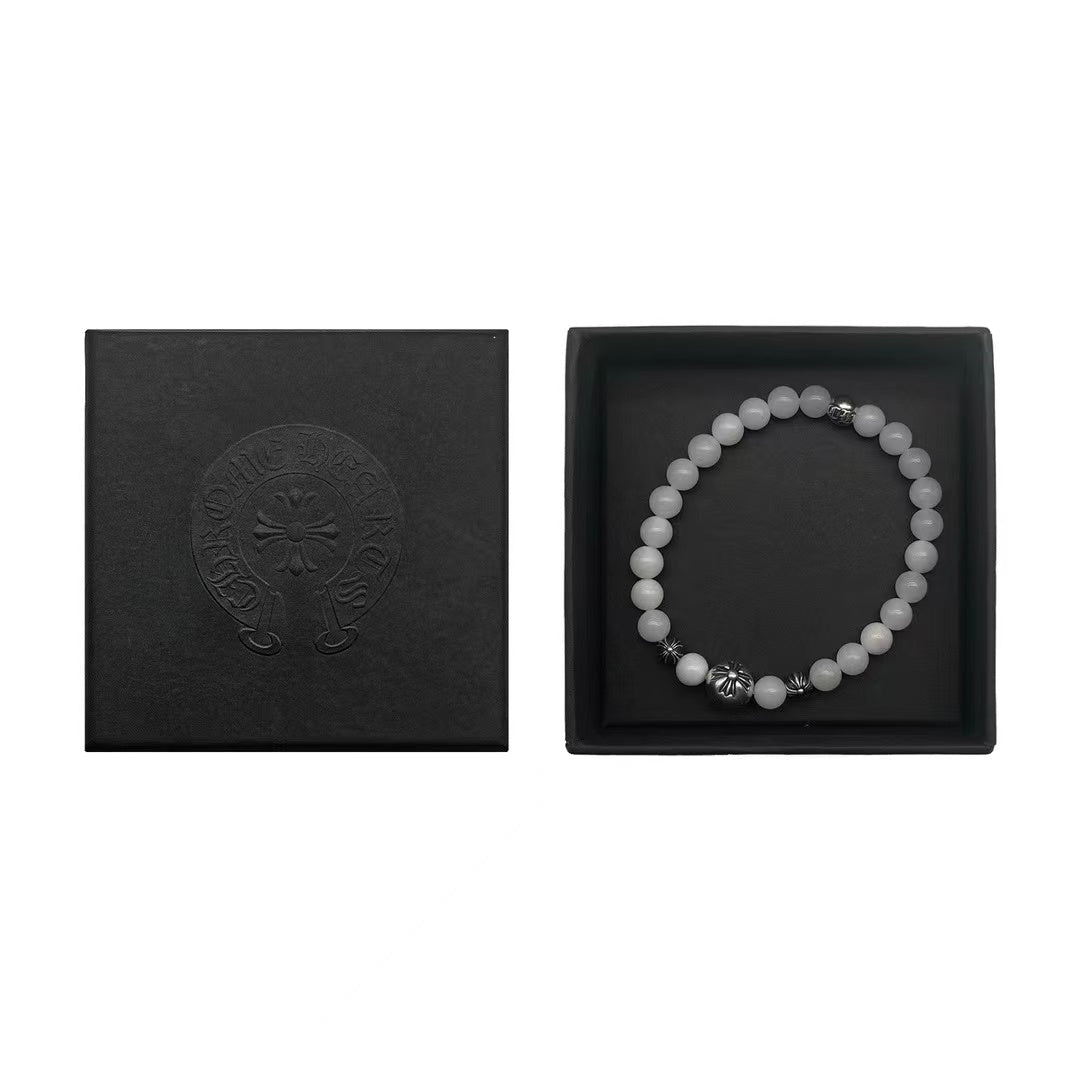 Chrome Hearts 6mm Beaded White Agate Silver Cross Bracelet - SHENGLI ROAD MARKET