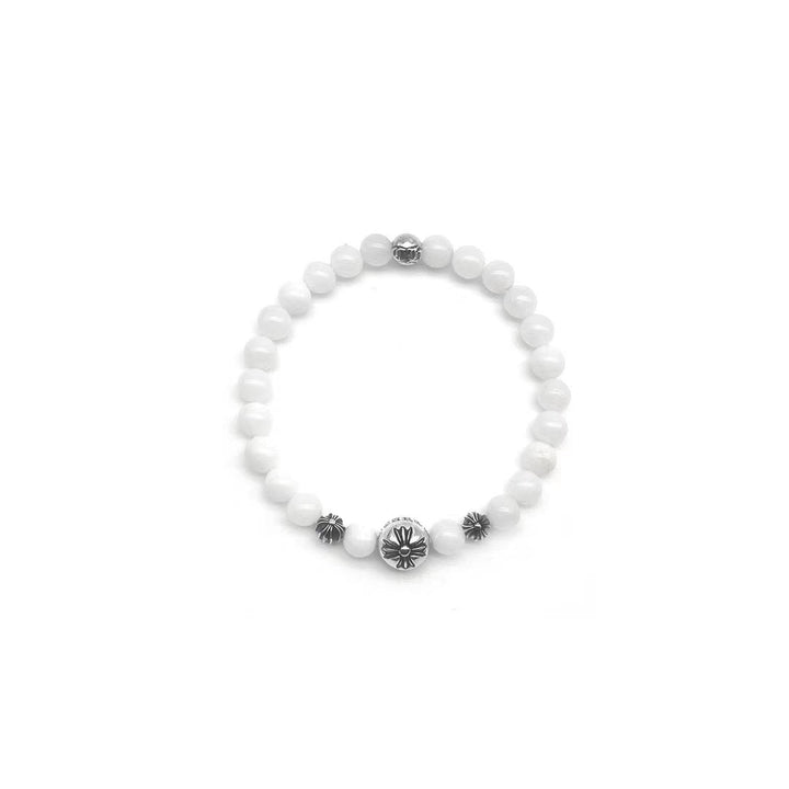 Chrome Hearts 6mm Beaded White Agate Silver Cross Bracelet - SHENGLI ROAD MARKET