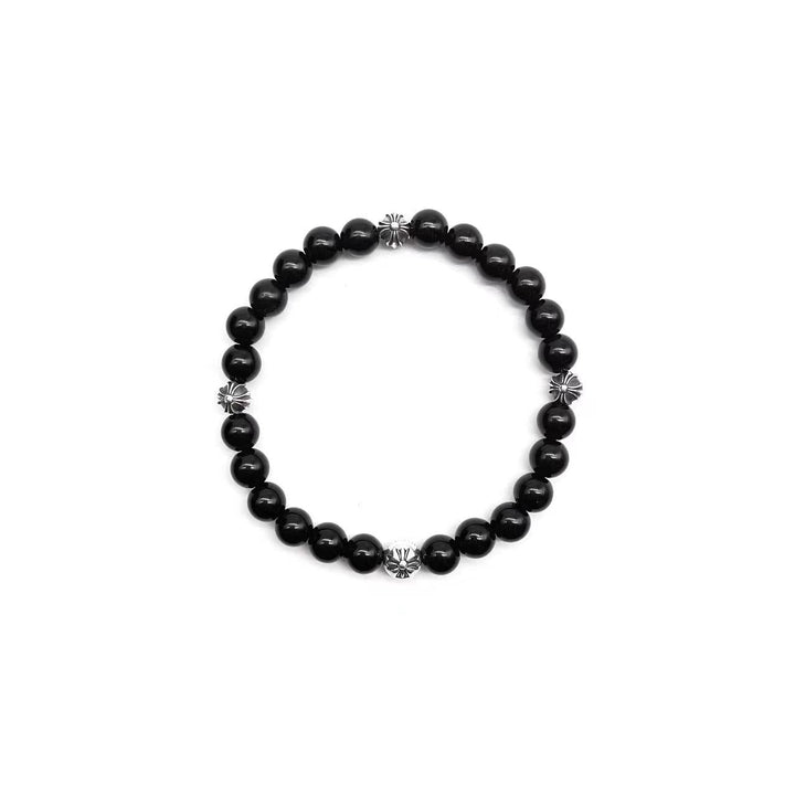 Chrome Hearts 6mm Obsidian Silver Cross Ball Bracelet - SHENGLI ROAD MARKET