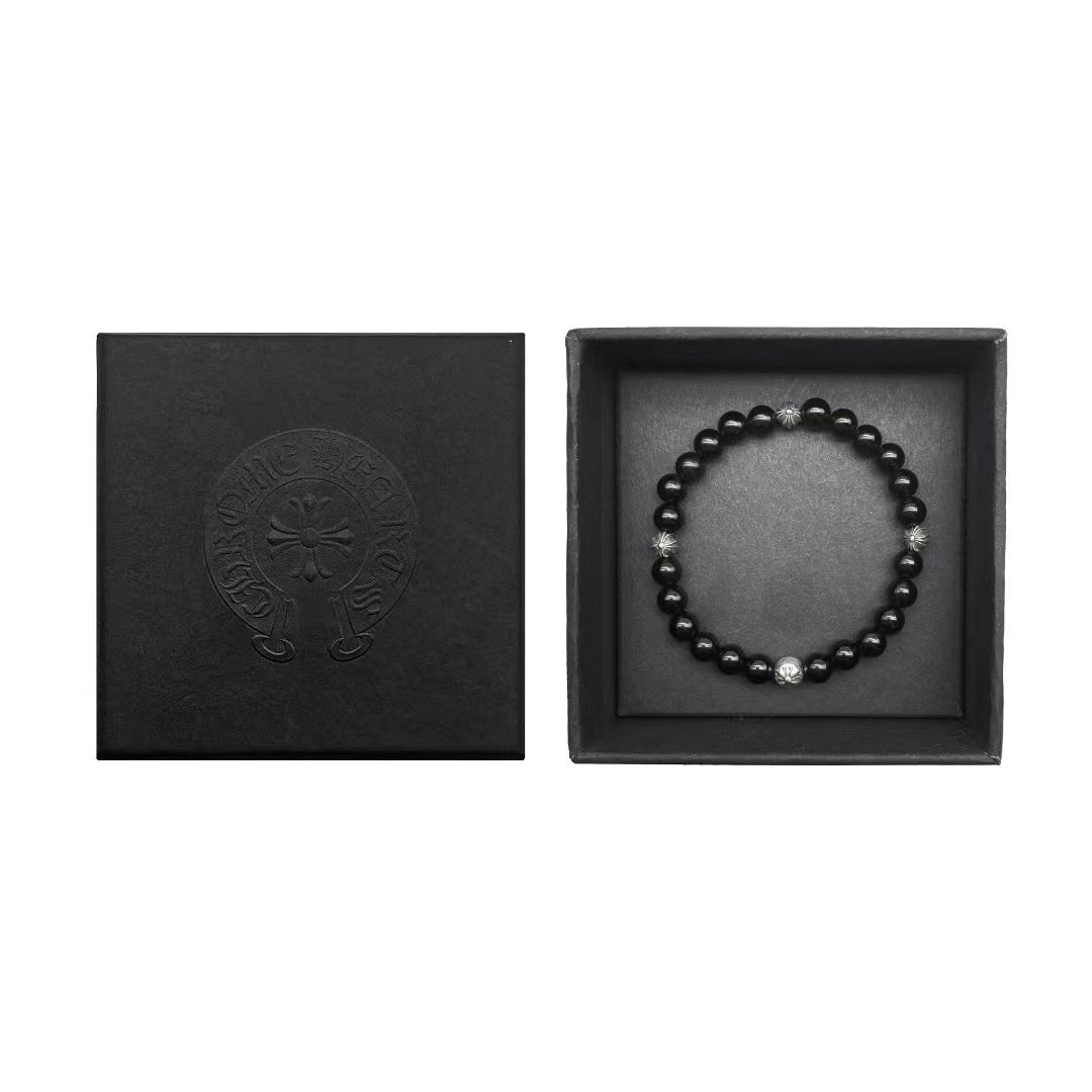 Chrome Hearts 6mm Obsidian Silver Cross Ball Bracelet - SHENGLI ROAD MARKET