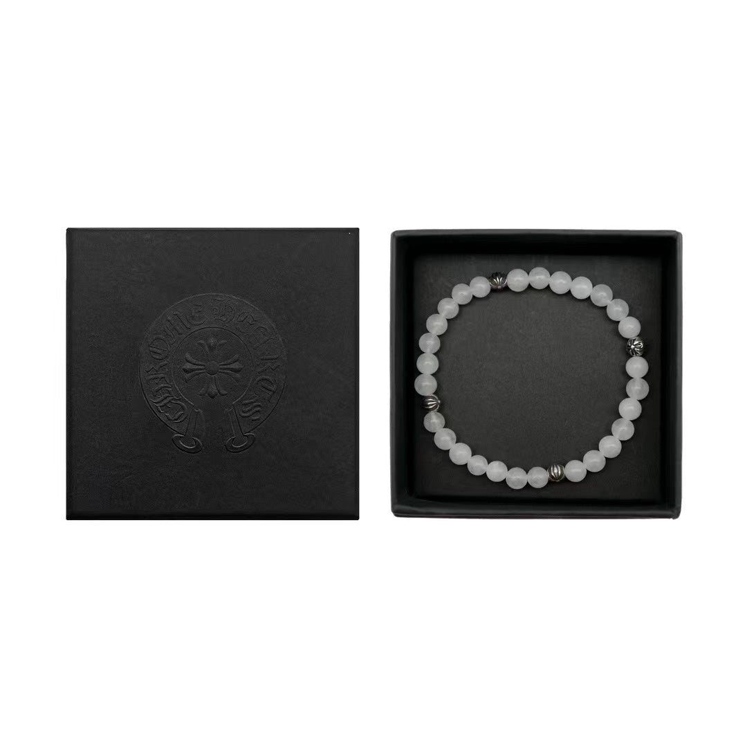 Chrome Hearts 6mm White Agate Silver Cross Bracelet - SHENGLI ROAD MARKET