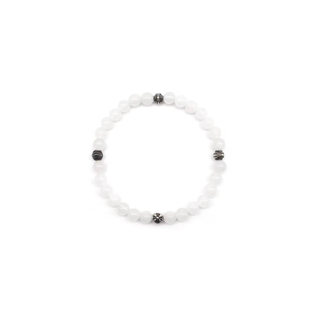 Chrome Hearts 6mm White Agate Silver Cross Bracelet - SHENGLI ROAD MARKET