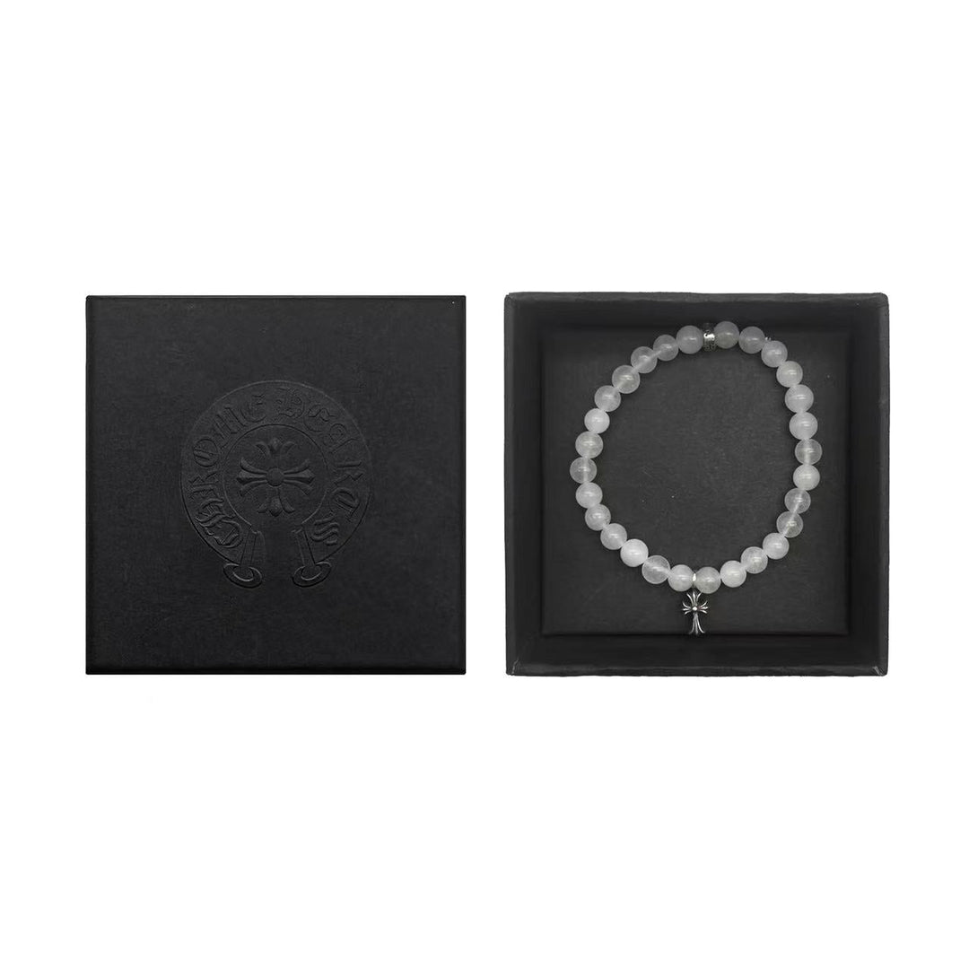 Chrome Hearts 6mm White Agate Silver Cross Pendant Bracelet - SHENGLI ROAD MARKET