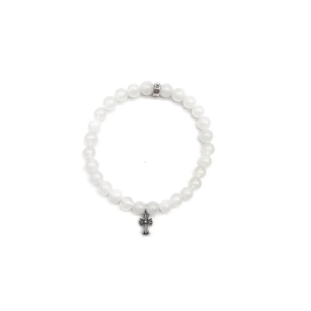 Chrome Hearts 6mm White Agate Silver Cross Pendant Bracelet - SHENGLI ROAD MARKET