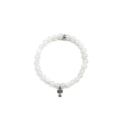Chrome Hearts 6mm White Agate Silver Cross Pendant Bracelet - SHENGLI ROAD MARKET