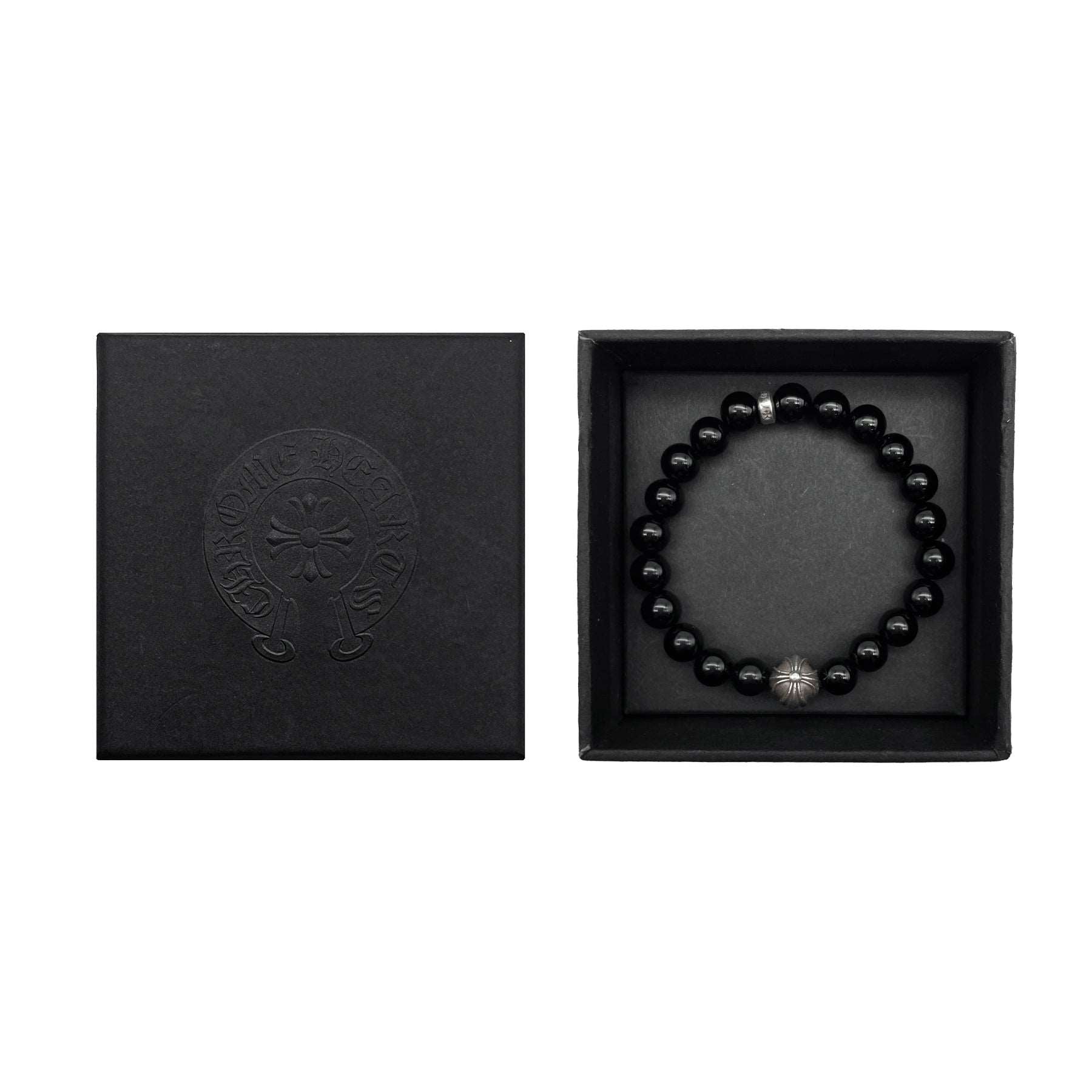 Chrome Hearts 8mm Beaded Black Obsidian Silver Cross Bracelet - SHENGLI ROAD MARKET