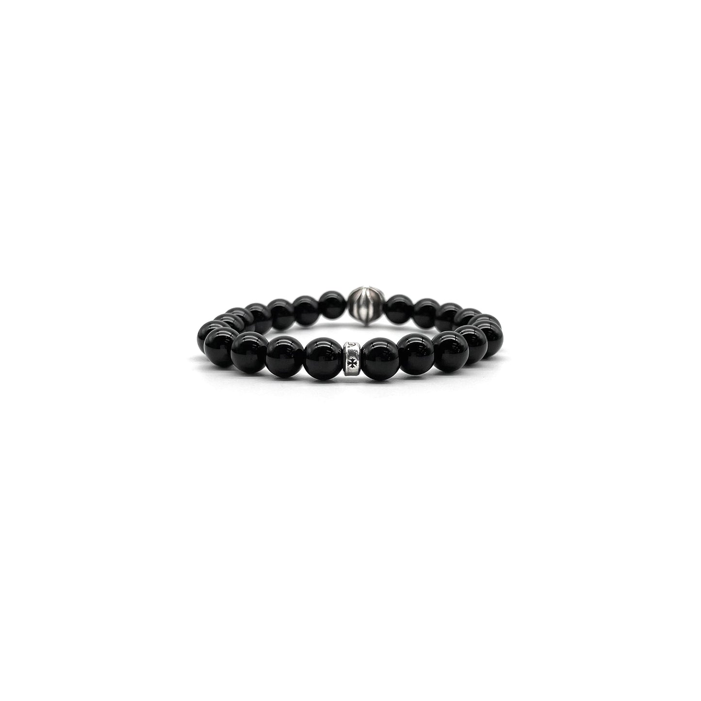 Chrome Hearts 8mm Beaded Black Obsidian Silver Cross Bracelet - SHENGLI ROAD MARKET