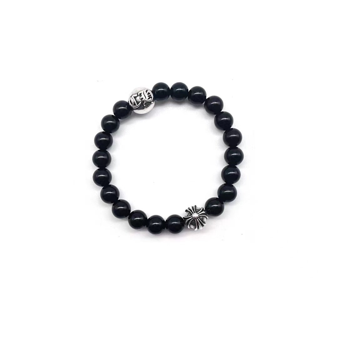 Chrome Hearts 8mm Beaded Obsidian Silver Bracelet - SHENGLI ROAD MARKET