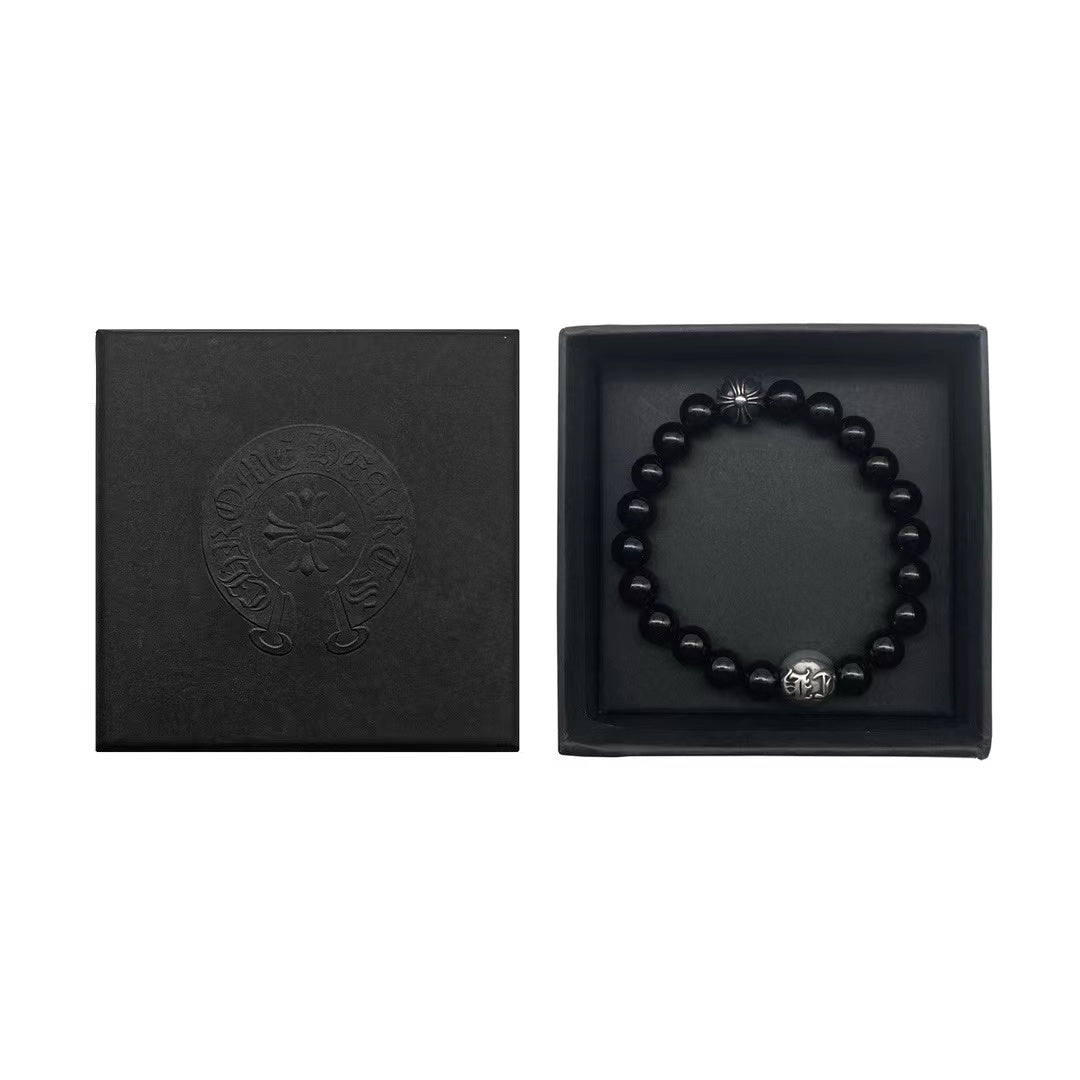 Chrome Hearts 8mm Beaded Obsidian Silver Bracelet - SHENGLI ROAD MARKET