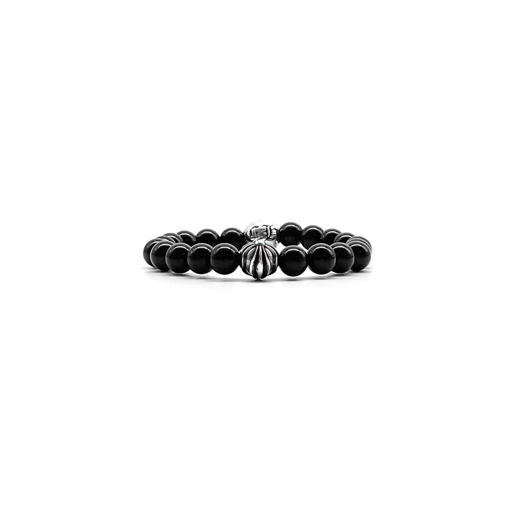 Chrome Hearts 8mm Beaded Obsidian Silver Bracelet