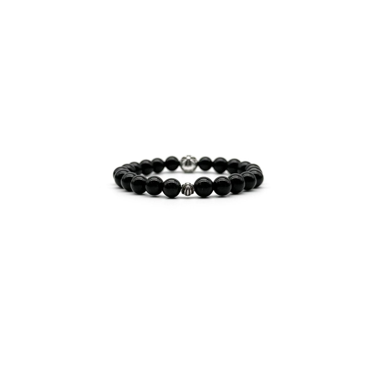 Chrome Hearts 8mm Black Beaded Obsidian Silver Cross Ball Bracelet - SHENGLI ROAD MARKET