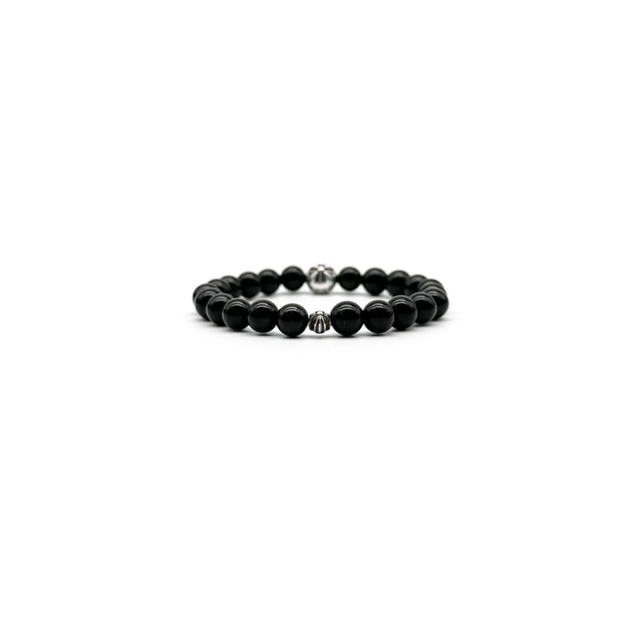 Chrome Hearts 8mm Black Beaded Obsidian Silver Cross Ball Bracelet - SHENGLI ROAD MARKET