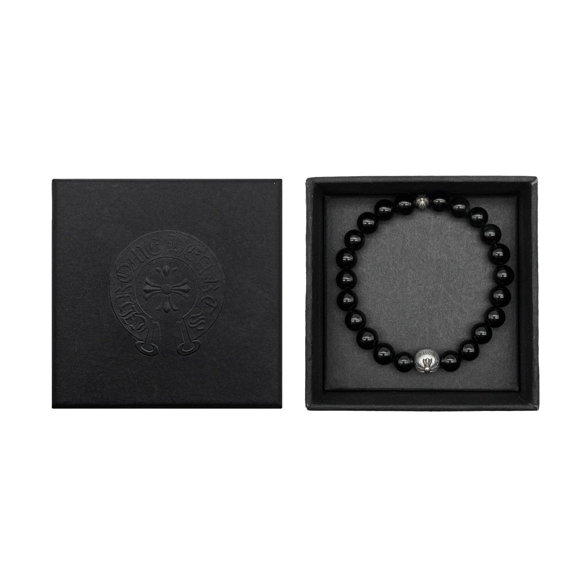 Chrome Hearts 8mm Black Beaded Obsidian Silver Cross Ball Bracelet - SHENGLI ROAD MARKET