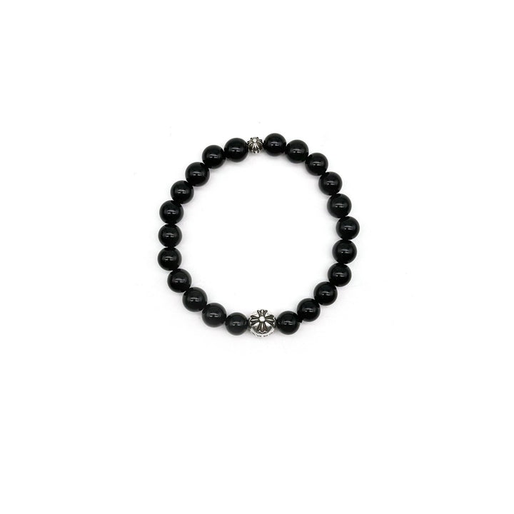 Chrome Hearts 8mm Black Beaded Obsidian Silver Cross Ball Bracelet - SHENGLI ROAD MARKET