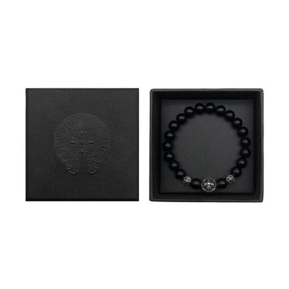 Chrome Hearts 8mm Dull Polish Black Agate Silver Cross Ball Bracelet - SHENGLI ROAD MARKET