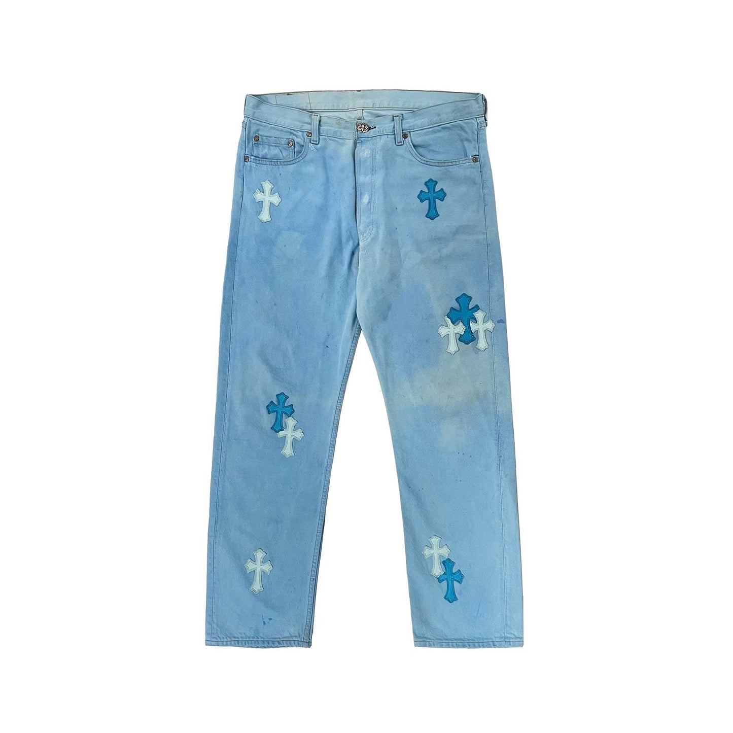 Chrome Hearts Archive Drake Blue Leather Cross Patch Jeans - SHENGLI ROAD MARKET