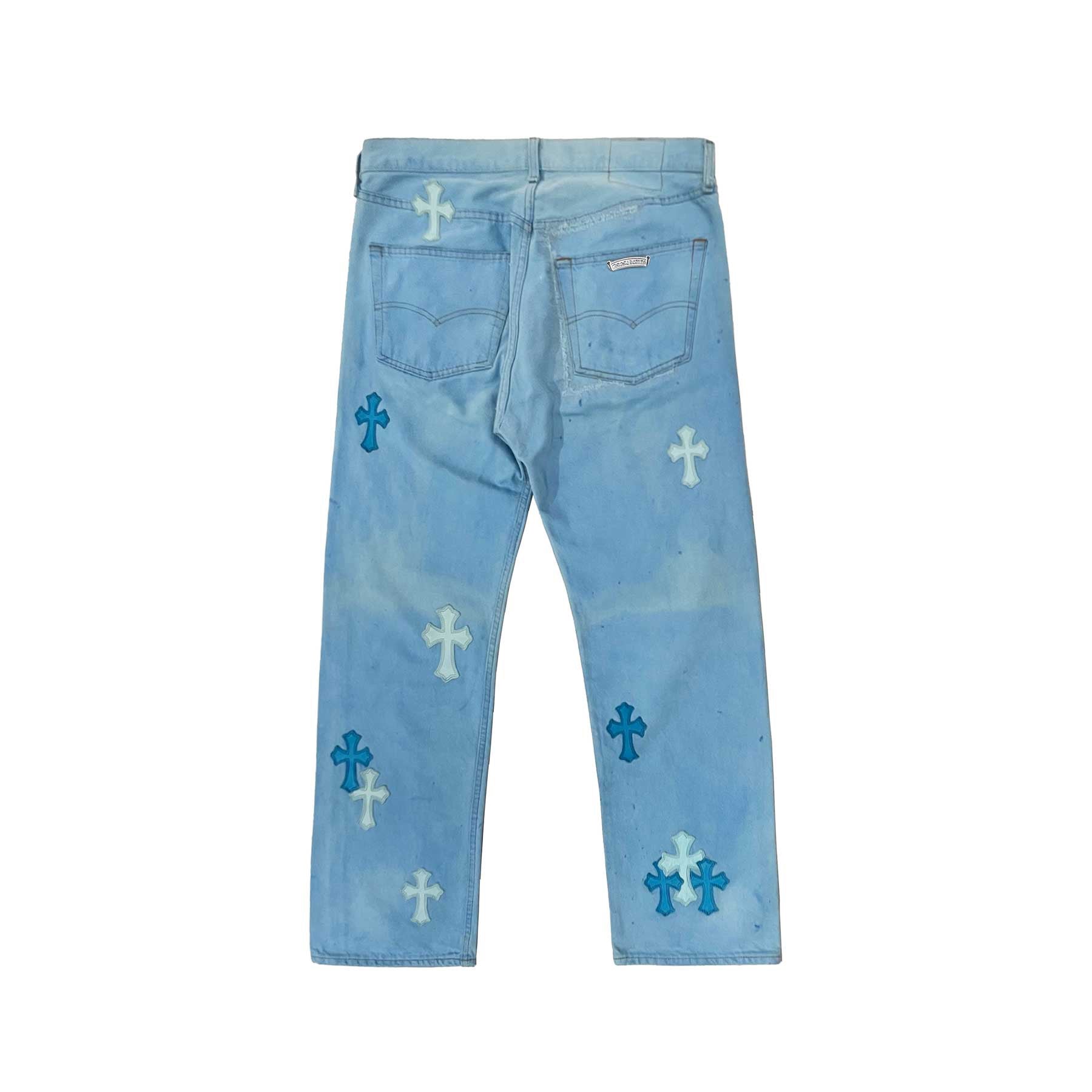 Chrome Hearts Archive Drake Blue Leather Cross Patch Jeans - SHENGLI ROAD MARKET